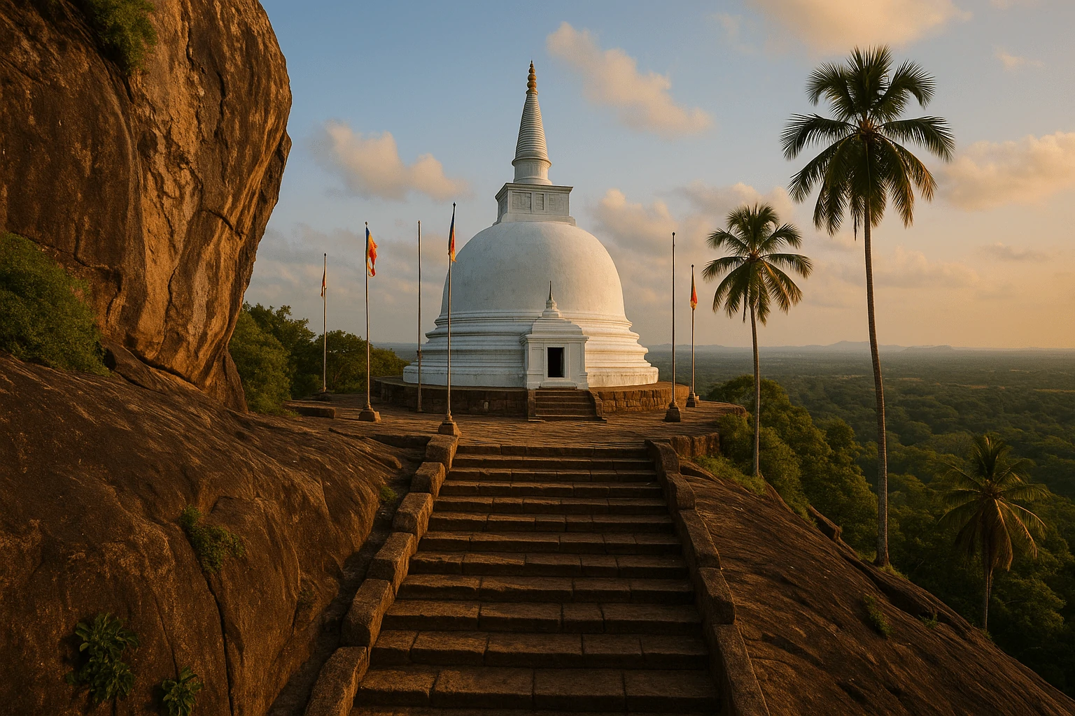 Mihintale Ambasthala Dagoba at sunrise with monks and forest — a key site in the Sri Lanka Cultural Triangle itinerary.
