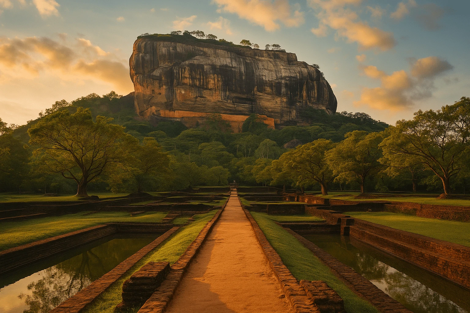 Sigiriya Rock Fortress in the Cultural Triangle of Sri Lanka, viewed at sunrise over lush gardens.