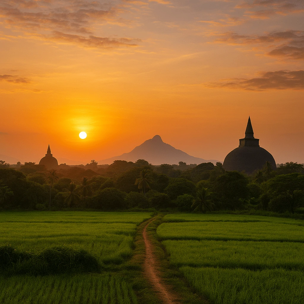 Sunrise over ancient stupas and rice fields during the best travel season for the Sri Lanka Cultural Triangle itinerary.