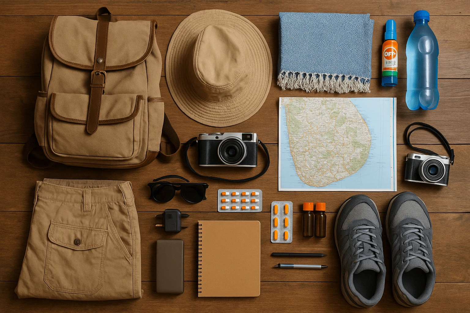 Travel essentials prepared for exploring the Sri Lanka Cultural Triangle itinerary — backpack, map, hat, camera.
