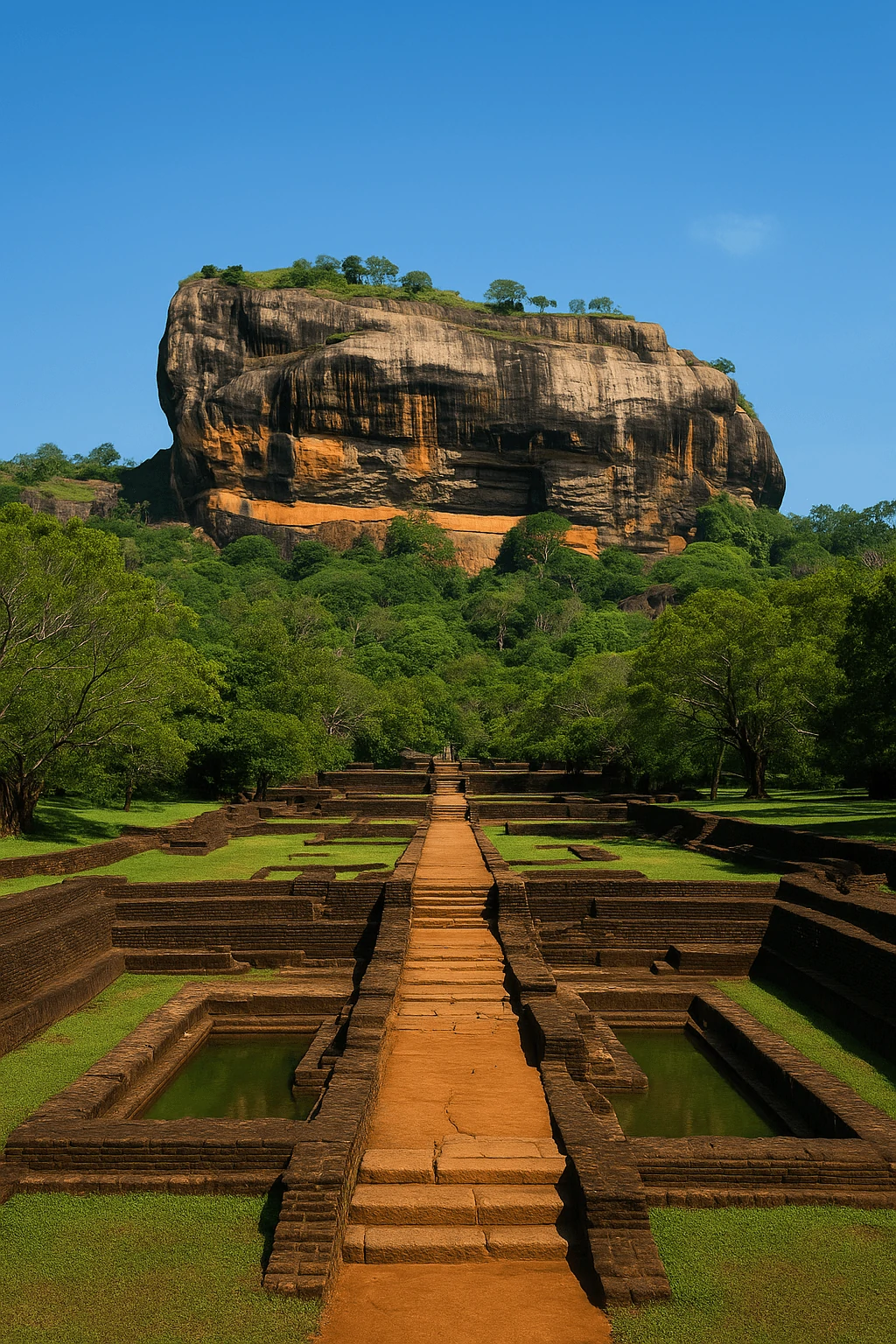 Lion Rock Fortress, one of the best places to see in Sigiriya, with ancient stone stairways and lush greenery.