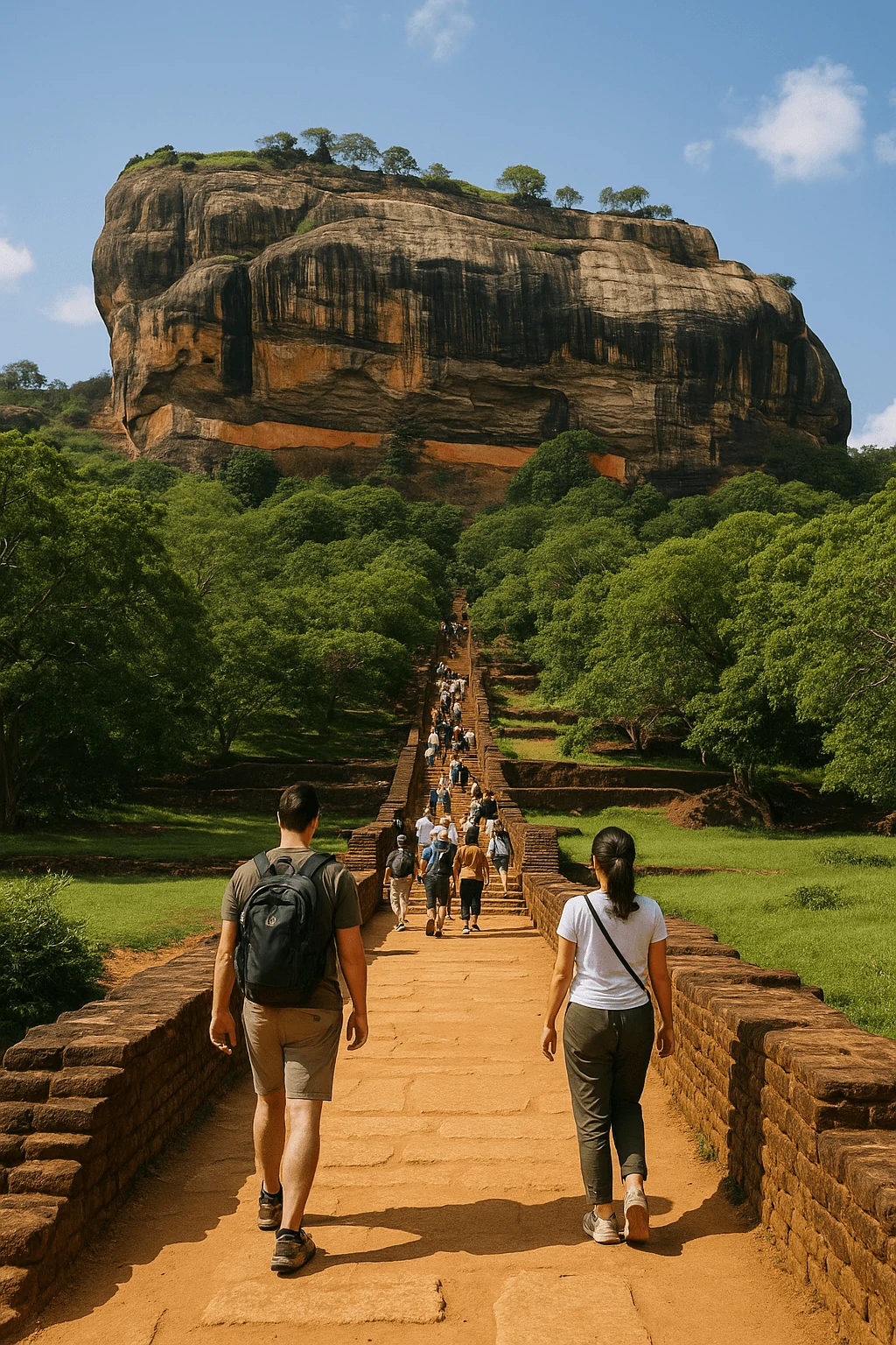 Stairway to the Lion Rock, one of the most popular places to see in Sigiriya, surrounded by forest and morning light.