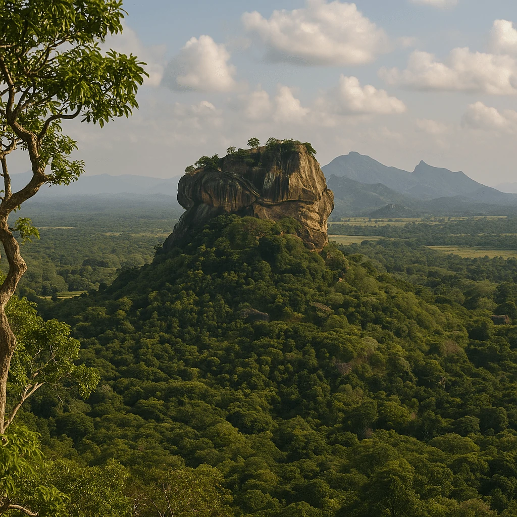 Aerial view of Lion Rock, one of the most scenic places to see in Sigiriya, photographed from Pidurangala at sunrise.