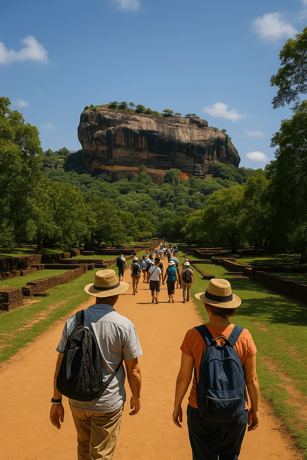 Essential travel tips for exploring the places to see in Sigiriya, showing backpack and hat with Lion Rock in background.