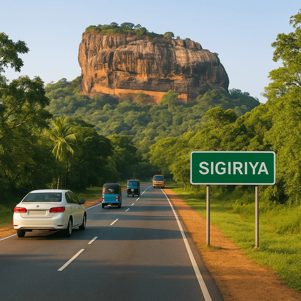 Vehicles on the road toward the famous places to see in Sigiriya, Sri Lanka with Lion Rock visible in the distance.