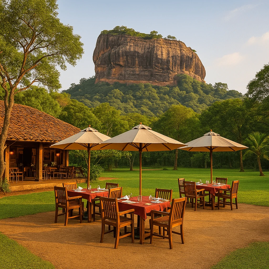 Outdoor restaurant offering dining near the main places to see in Sigiriya with Lion Rock view at sunset.”