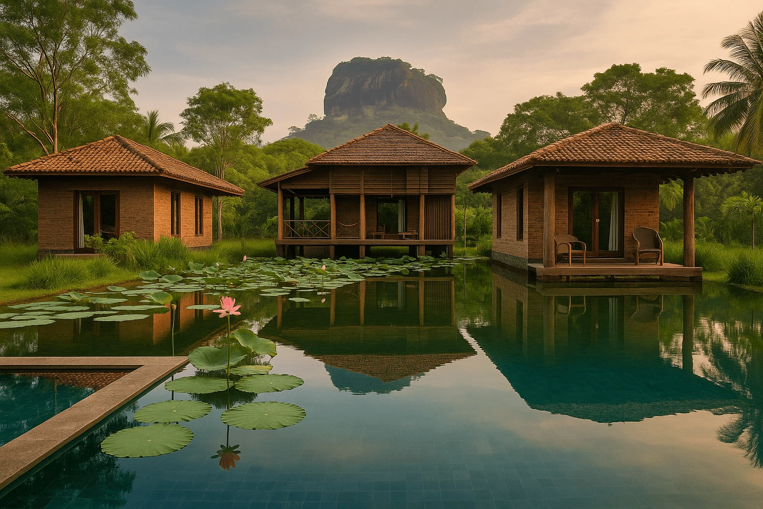 A luxury hotel in Sigiriya, Sri Lanka, featuring elegant villas built above lotus ponds with views of Lion Rock fortress at sunset — representing the best luxury resorts and eco-hotels in Sigiriya.