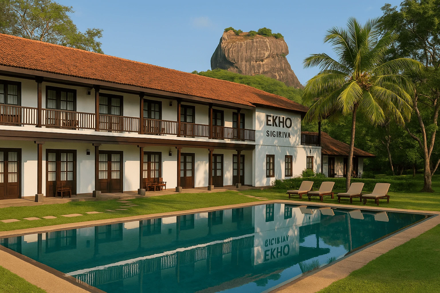 EKHO Sigiriya luxury hotel in Sri Lanka with colonial-style white walls, red-tiled roofs, a serene pool, palm trees, and a clear view of Sigiriya Rock fortress in the background — a boutique heritage resort in the Cultural Triangle.
