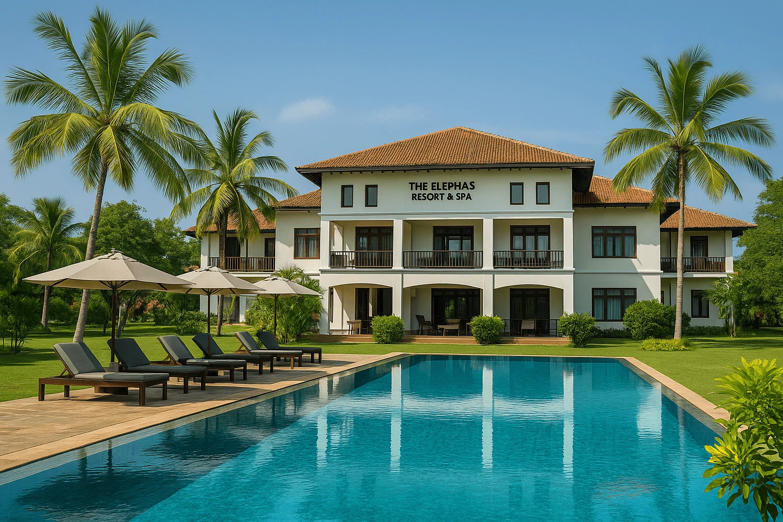 The Elephas Resort & Spa in Sigiriya, Sri Lanka, featuring a tropical pool surrounded by palm trees and elegant white colonial-style buildings — a serene luxury resort in the heart of the Cultural Triangle.