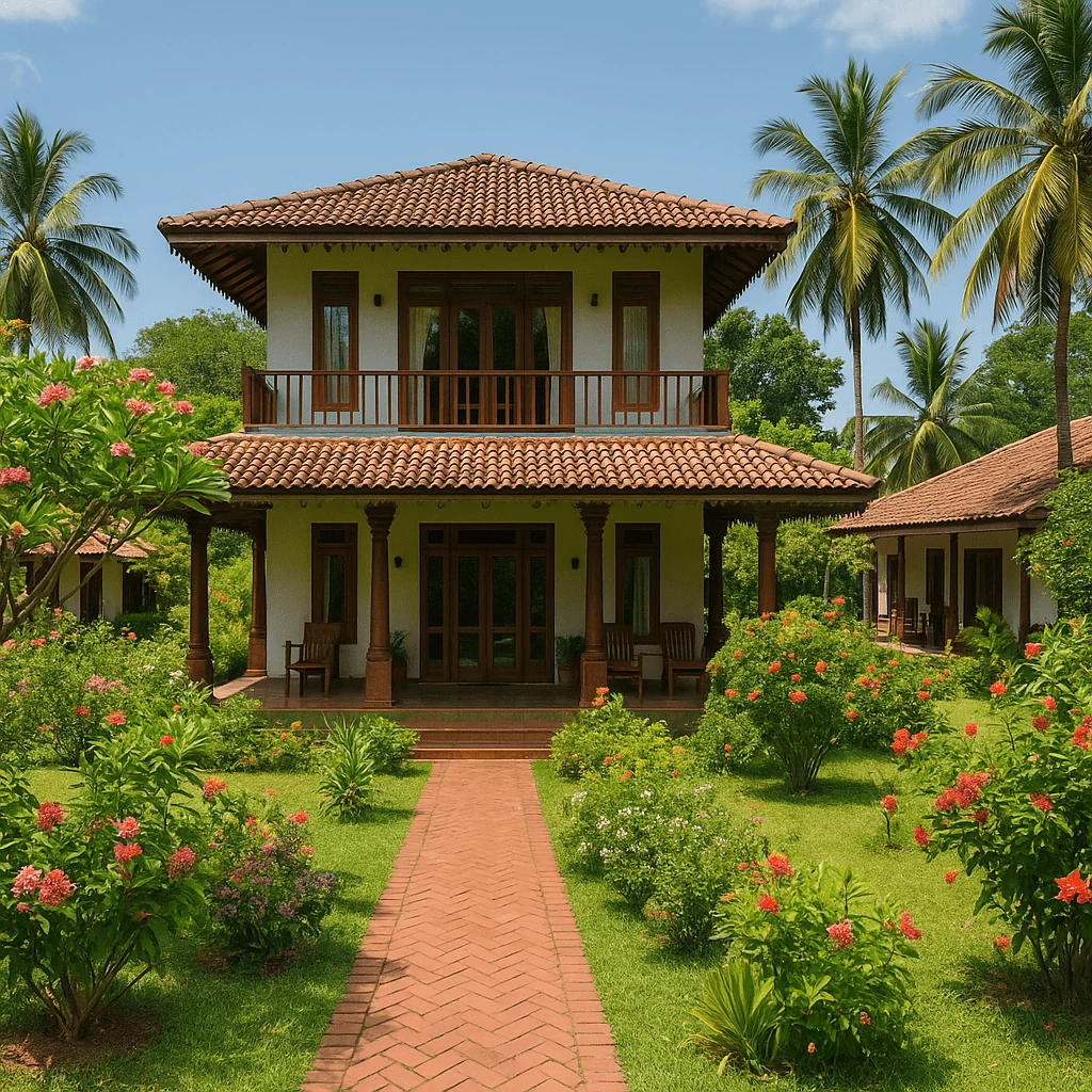 Flower Garden Eco Village in Sigiriya, Sri Lanka, featuring tropical gardens with colorful flowers, traditional-style villas with terracotta roofs, and palm trees — a serene eco-luxury retreat near Sigiriya Rock fortress.