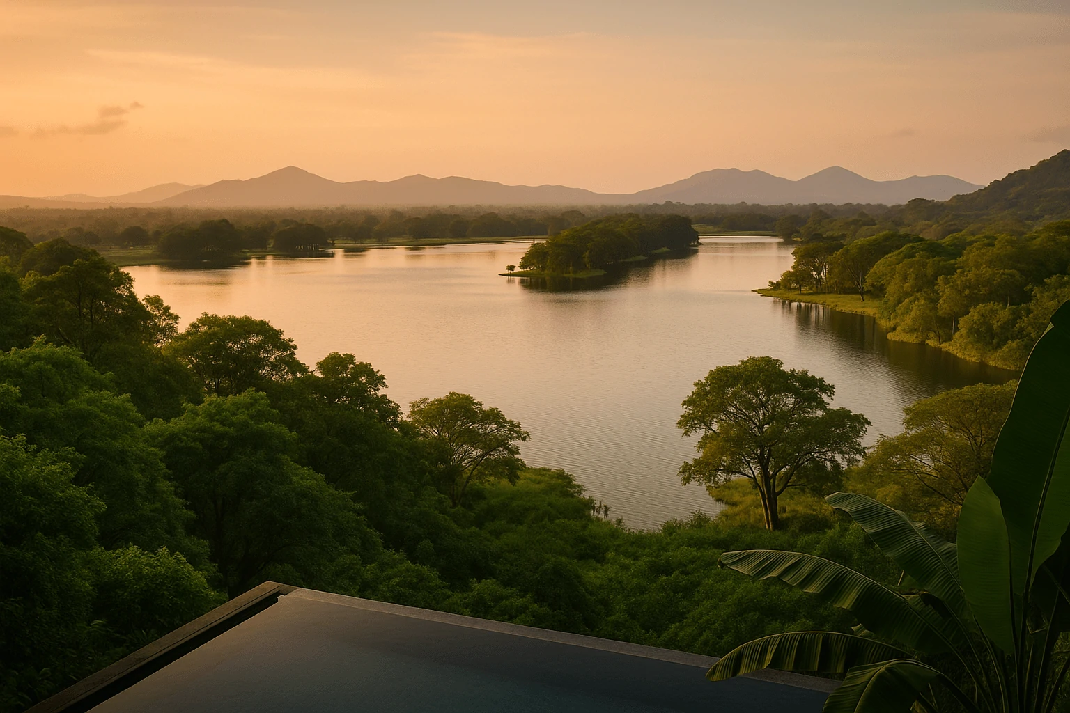 Kandalama Lake in Sigiriya, Sri Lanka, reflecting golden sunset light with lush forest, still water, and distant hills — a tranquil view near luxury hotels like Heritance Kandalama.