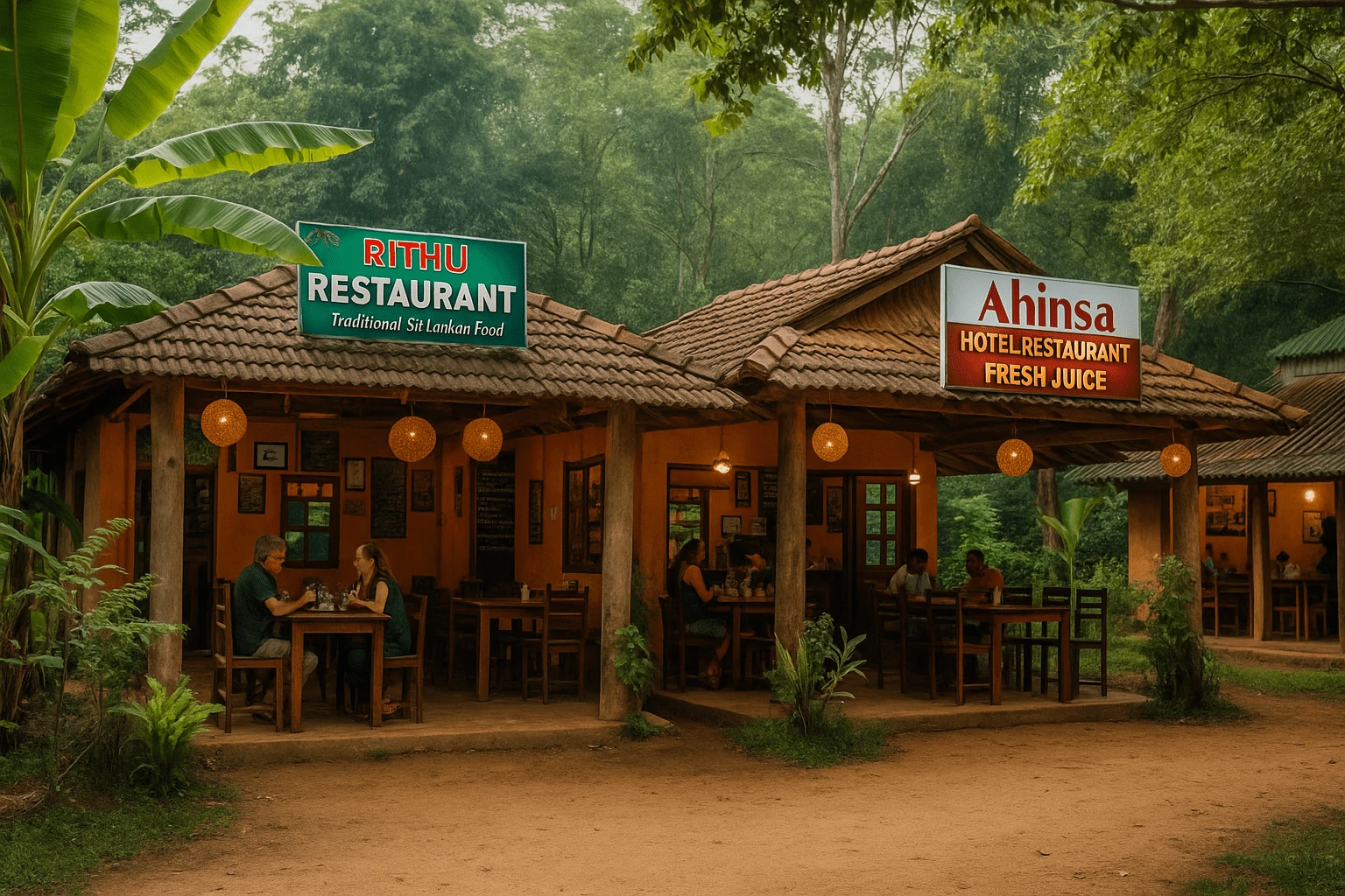 Traditional Sri Lankan restaurant in Sigiriya with wooden tables and tropical surroundings – best restaurants where to eat in Sigiriya.
