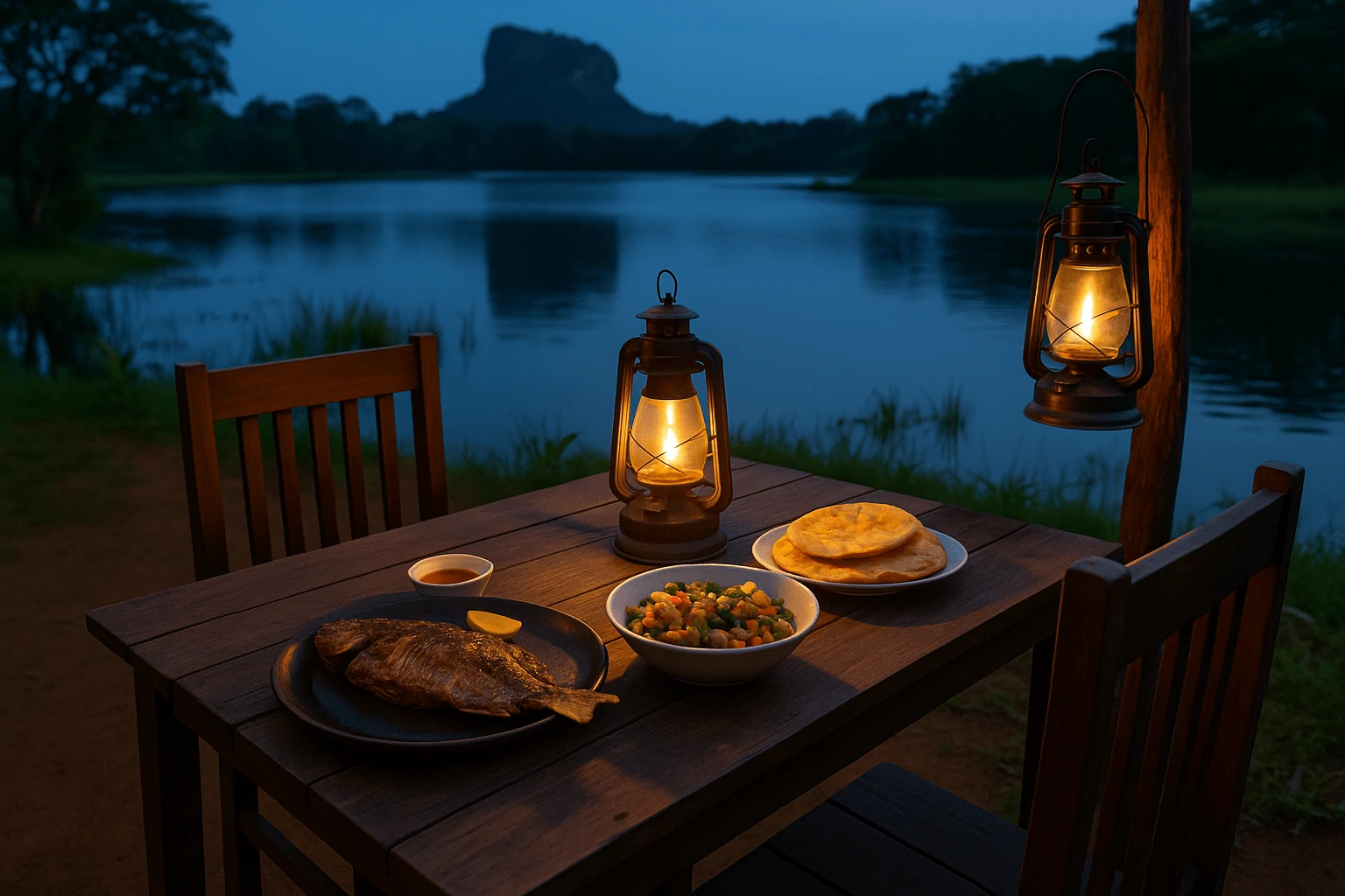 Lakeside restaurant in Sigiriya at sunset with lanterns and view of Sigiriya Rock – hidden scenic dining spots where to eat in Sigiriya.