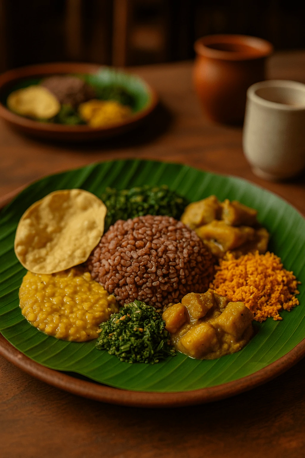 Traditional vegetarian Sri Lankan meal with rice, dhal, and vegetable curries on banana leaf – vegan dining where to eat in Sigiriya.