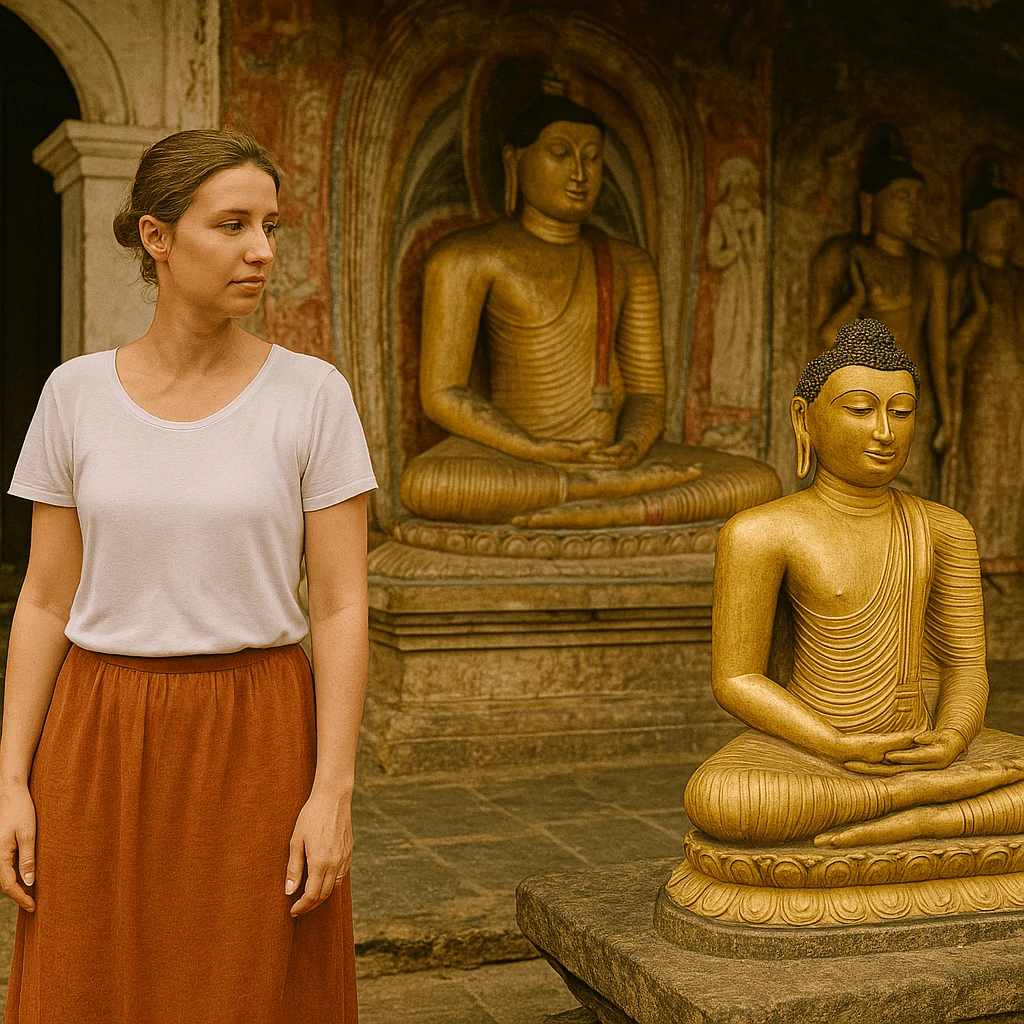 Visitor dressed modestly inside Dambulla Cave Temple standing near golden Buddha statues, illustrating how the Dambulla Temple Dress Code reflects Buddhist cultural values of respect and humility.