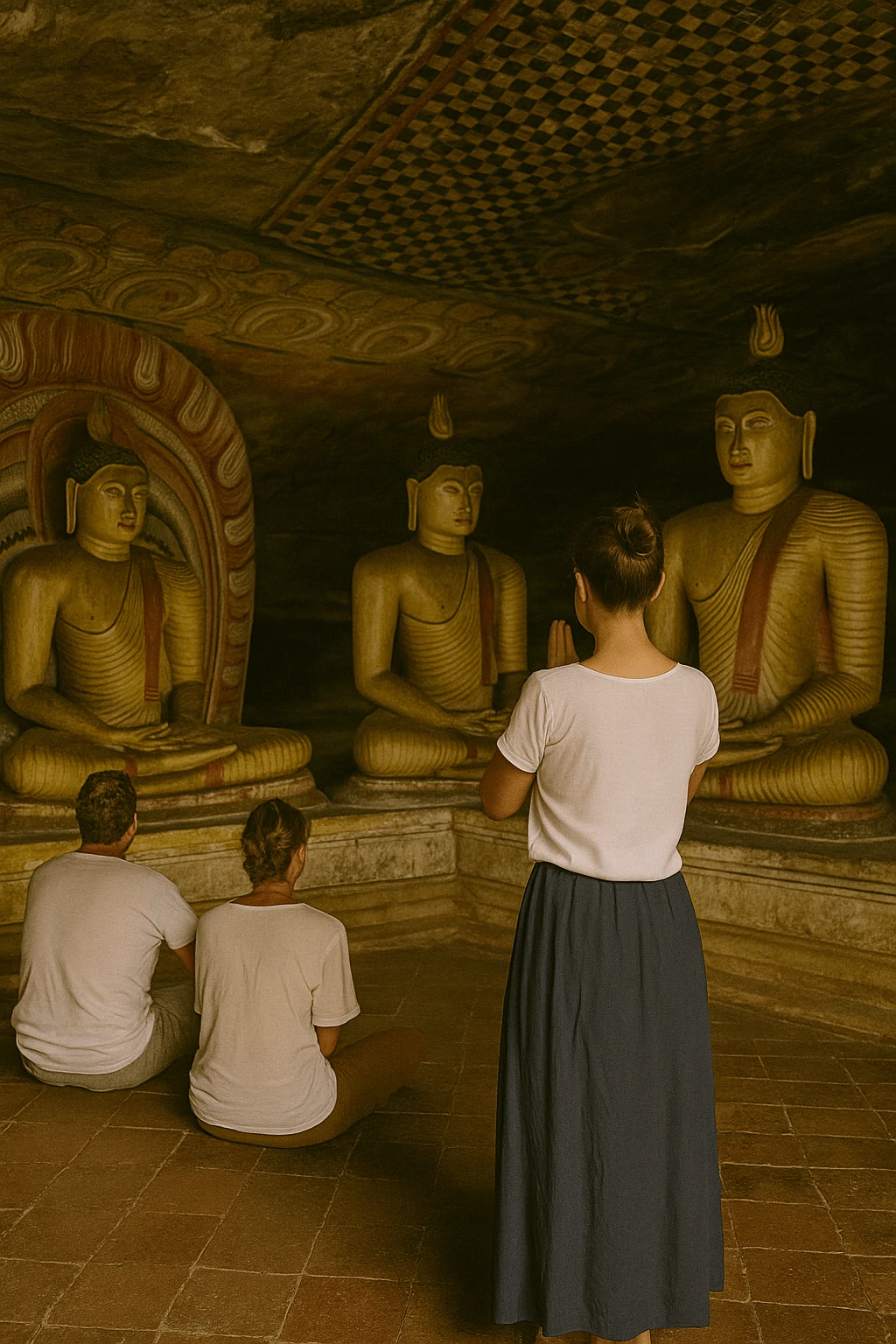 Visitors inside Dambulla Cave Temple praying quietly before Buddha statues, showing how following the Dambulla Temple Dress Code and respectful behavior enhance the spiritual experience.