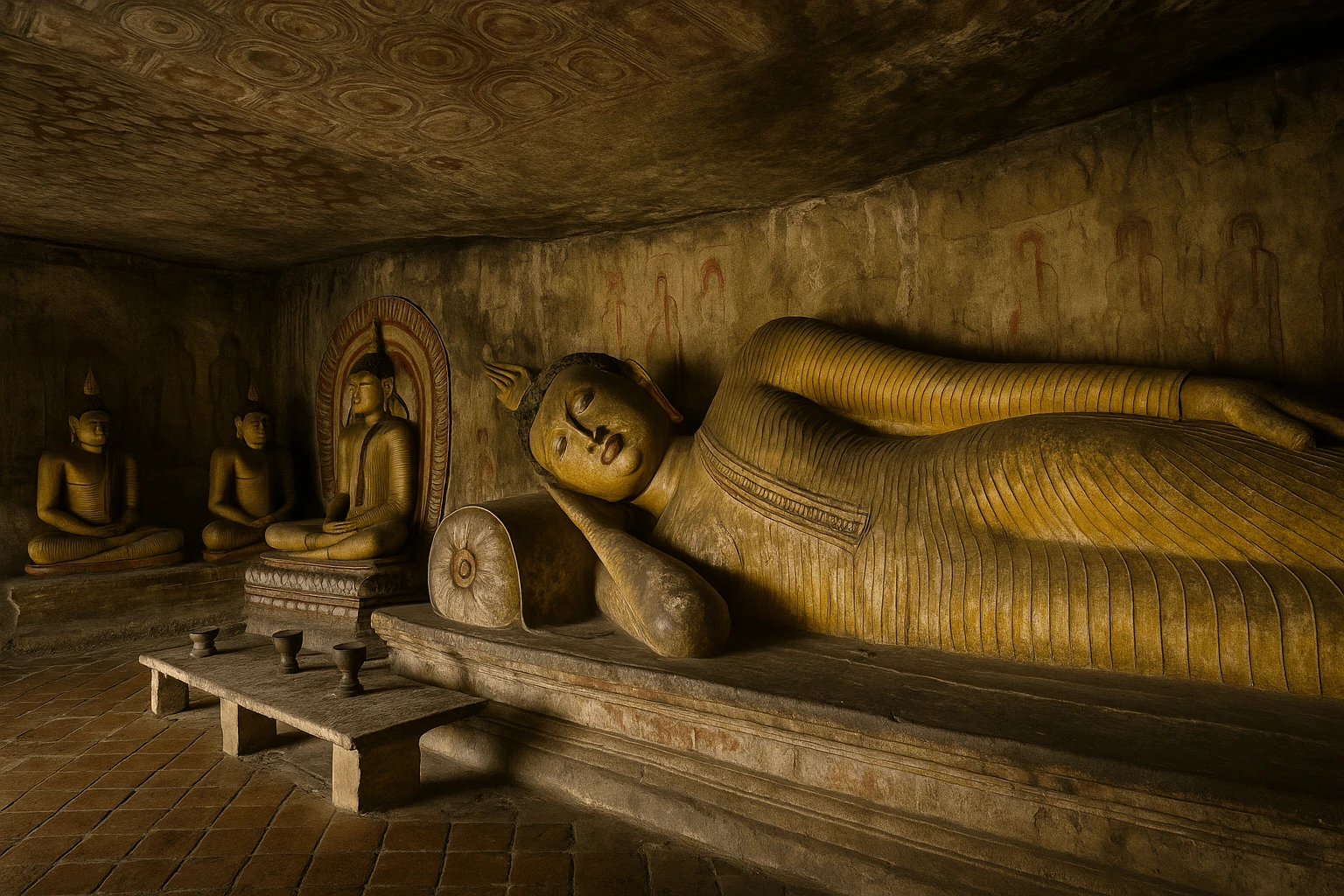 Interior of Dambulla Cave Temple with Buddha statues and ancient murals glowing under soft natural light, symbolizing devotion and history at Golden Temple Dambulla.