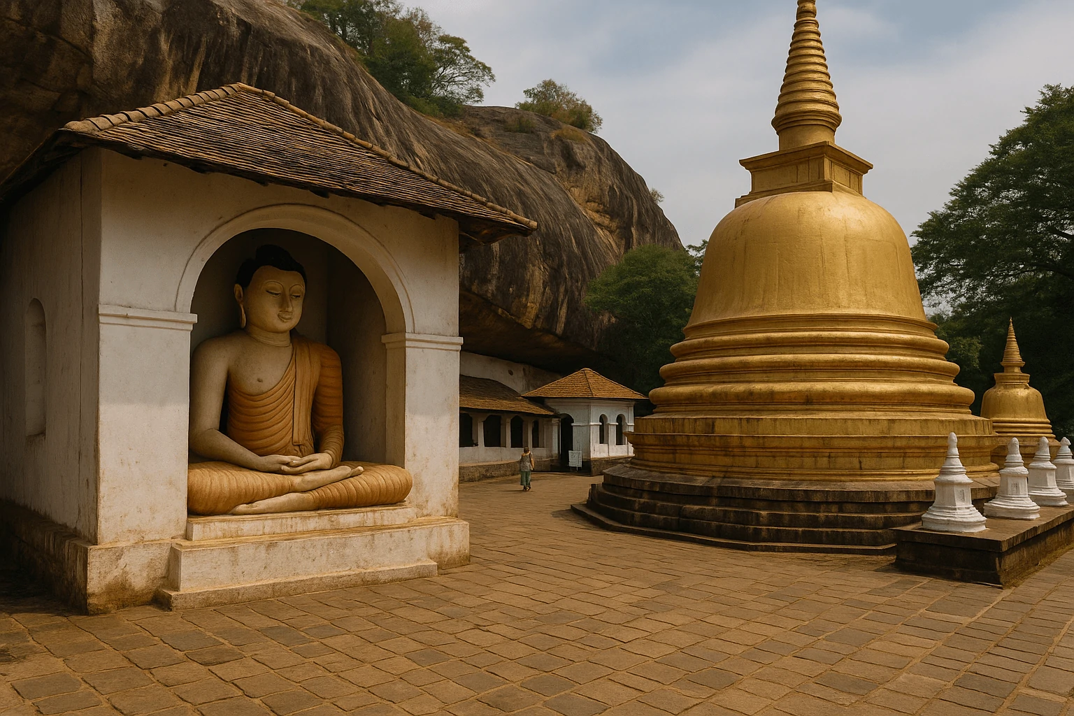 Travelers starting their early morning climb to Dambulla Cave Temple Sri Lanka, mist over the valley, peaceful view of the Buddhist temple complex at sunrise.
