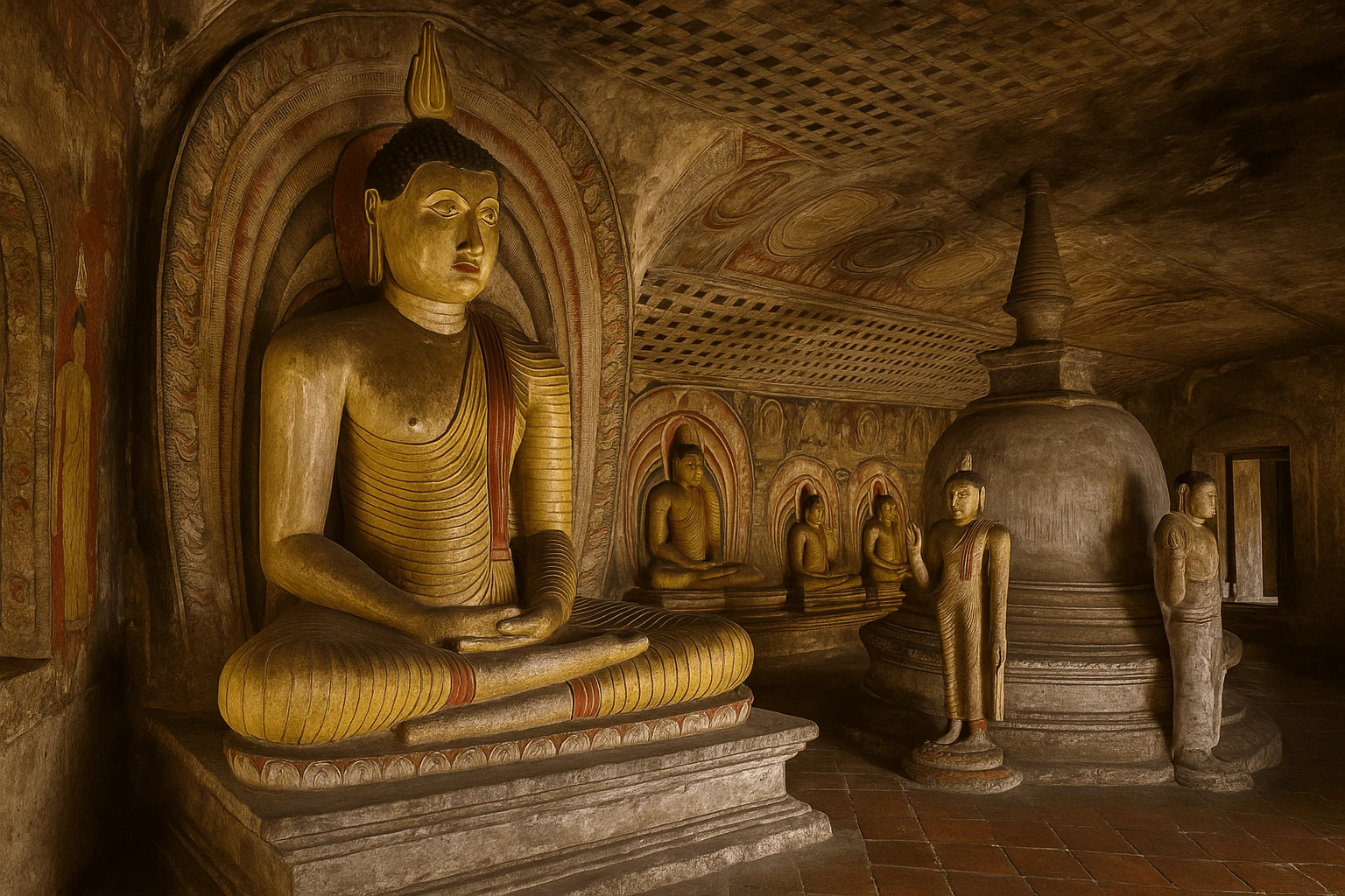Inside the Western Cave of Dambulla Cave Temple Sri Lanka with seated Buddha statue and faded murals, ancient stone carvings reflecting Buddhist art heritage.