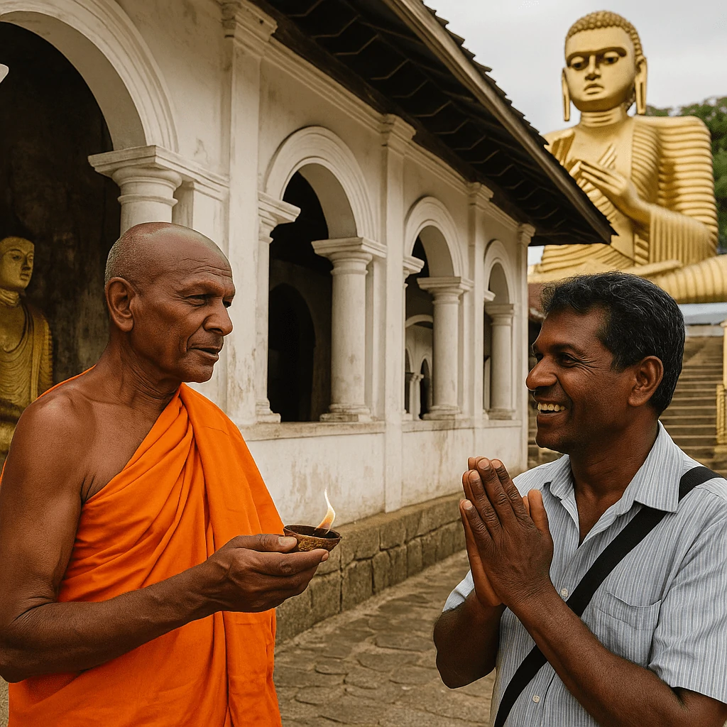 Monks in saffron robes interacting with local visitors near Dambulla Cave Temple Sri Lanka, showing spiritual harmony and cultural hospitality at the temple grounds.