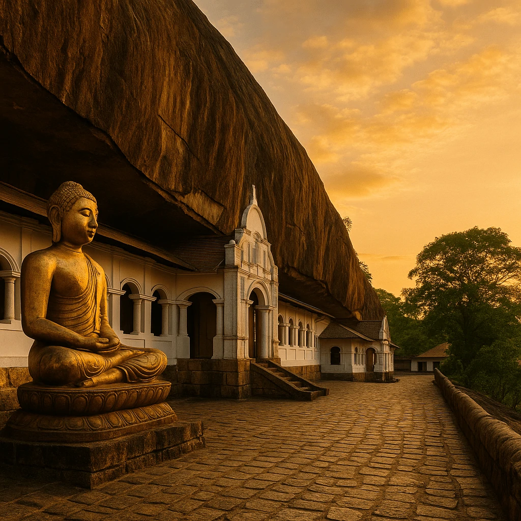 Traveler checking time while climbing Dambulla Cave Temple steps at dawn, monks walking nearby, peaceful start during early Dambulla Cave Temple opening hours.