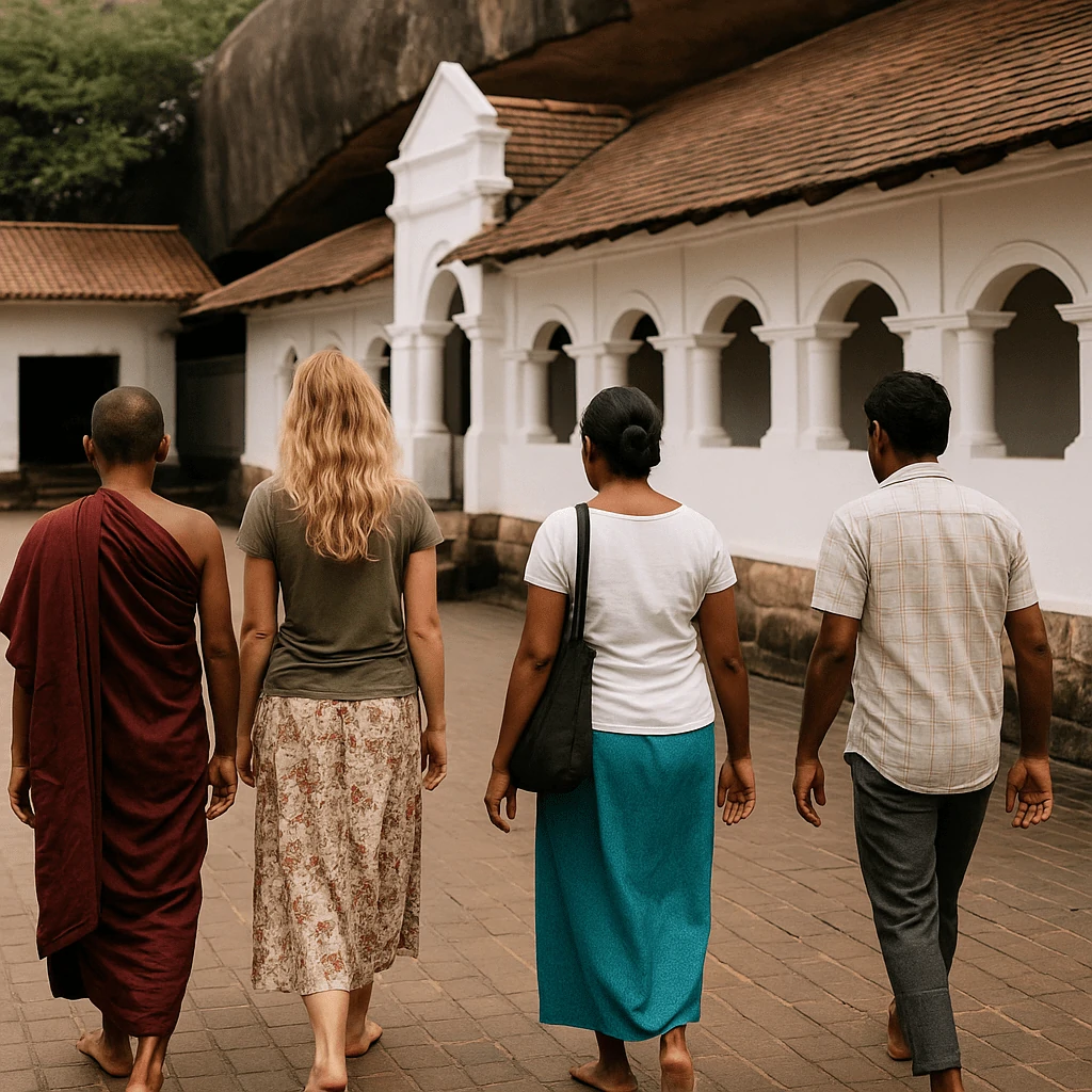 Sunset view of Dambulla Cave Temple Sri Lanka with temple bells ringing and visitors descending the hill, golden evening light over the Buddhist sanctuary.