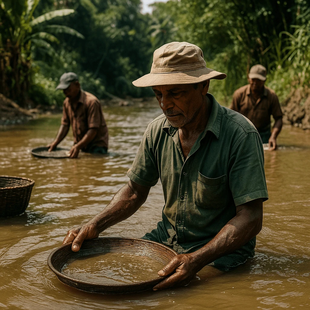 Sri Lankan sapphire miners washing gem gravel in a tropical river using traditional alluvial mining methods.