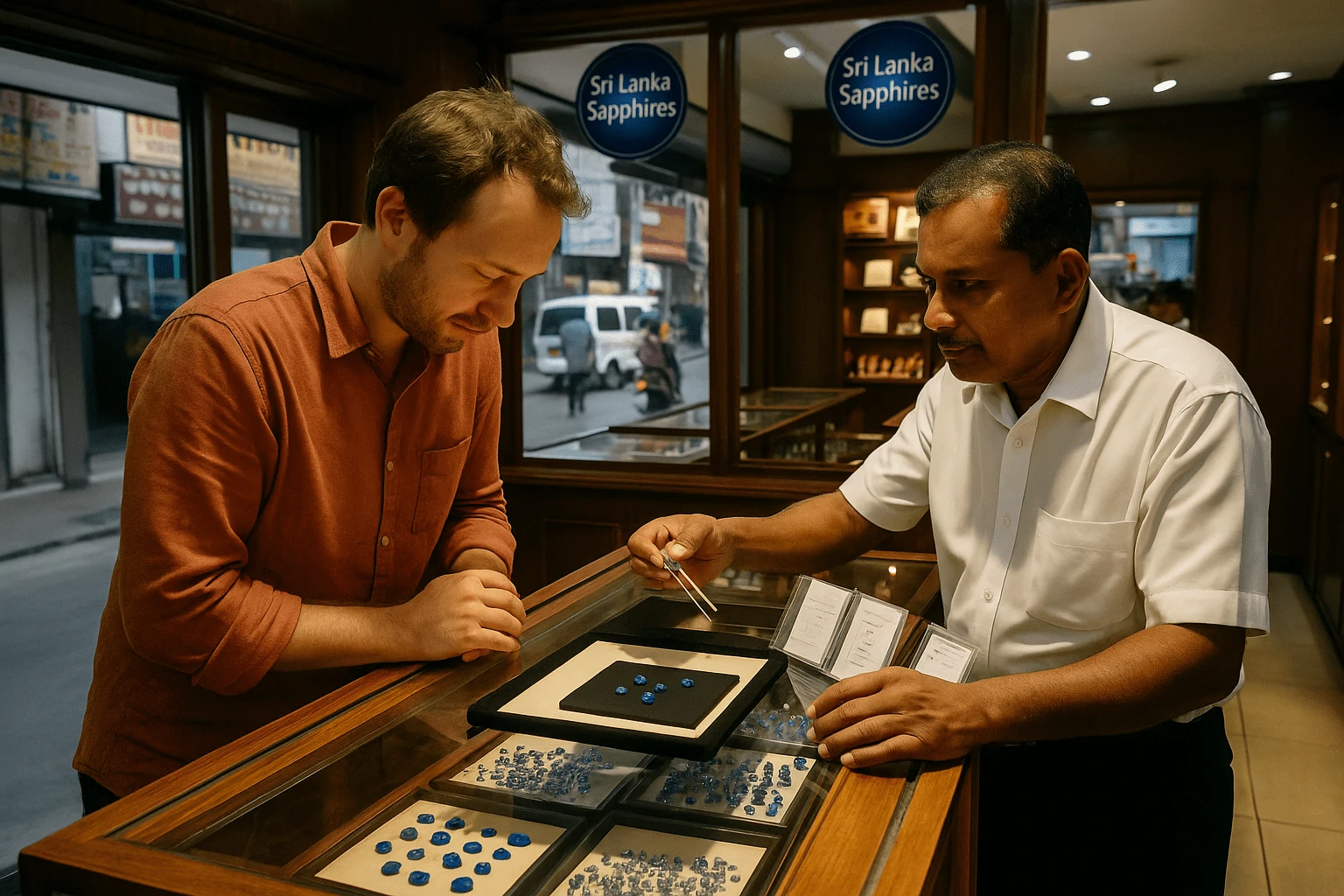 Authentic gem shop in Ratnapura where traders present certified Ceylon sapphires to local and foreign buyers.