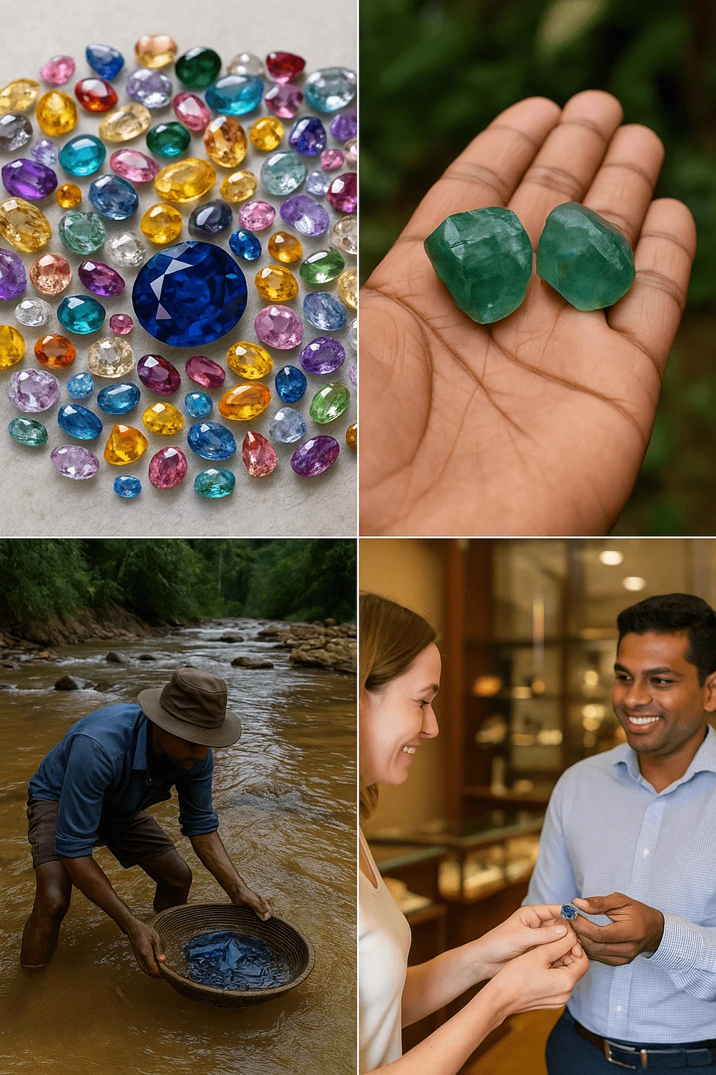 Sri Lankan artisans polishing blue sapphires in a modern workshop blending tradition and innovation.