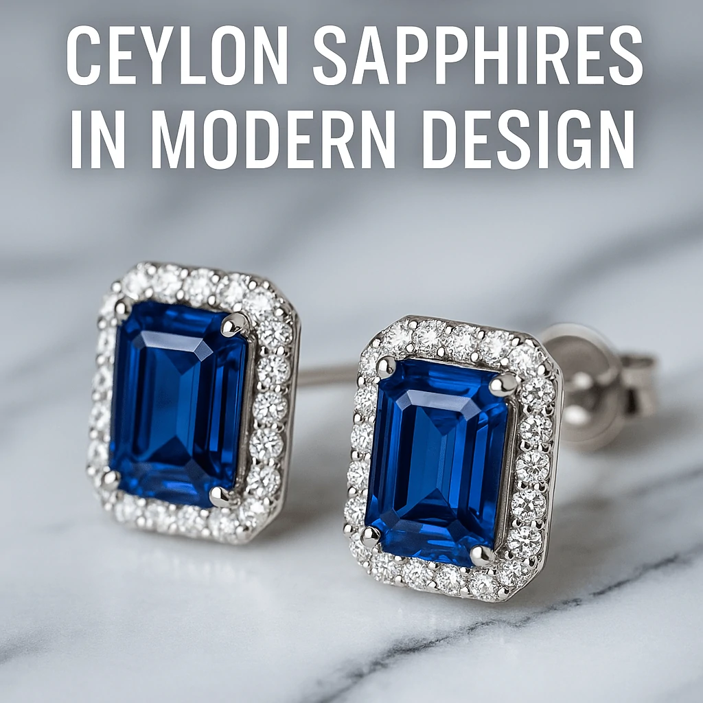 Elegant modern jewelry featuring blue and padparadscha Sri Lankan sapphires on a marble display.