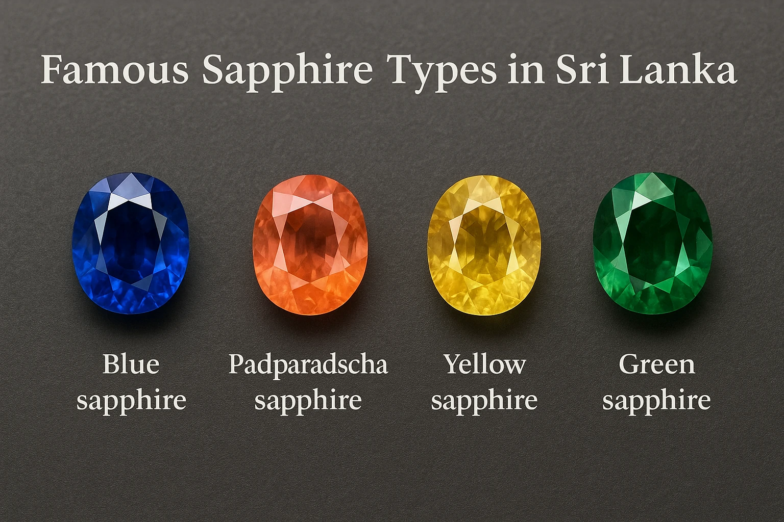 Different famous Sri Lankan sapphire types including blue, yellow, padparadscha, and star sapphires displayed together under natural light.
