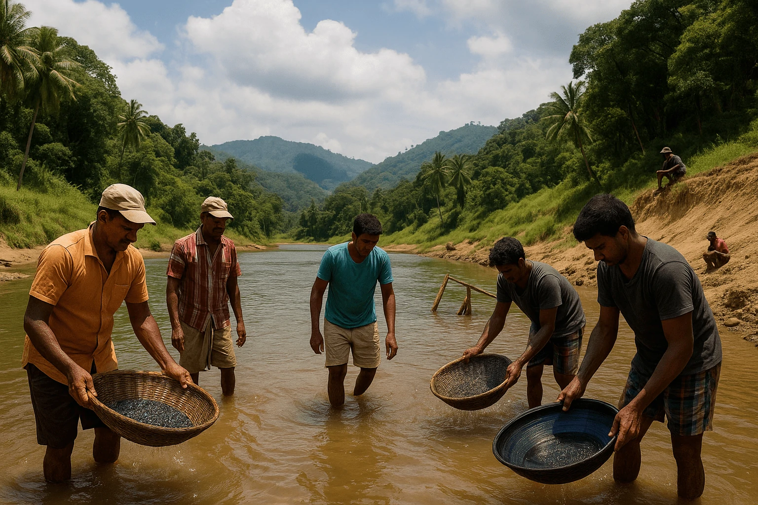 Sri Lankan gem miners washing river gravel in Ratnapura to find natural blue sapphires — an authentic scene representing the origin of buying sapphires in Sri Lanka, traditional Ceylon sapphire mining, and the cultural heritage of gem discovery.