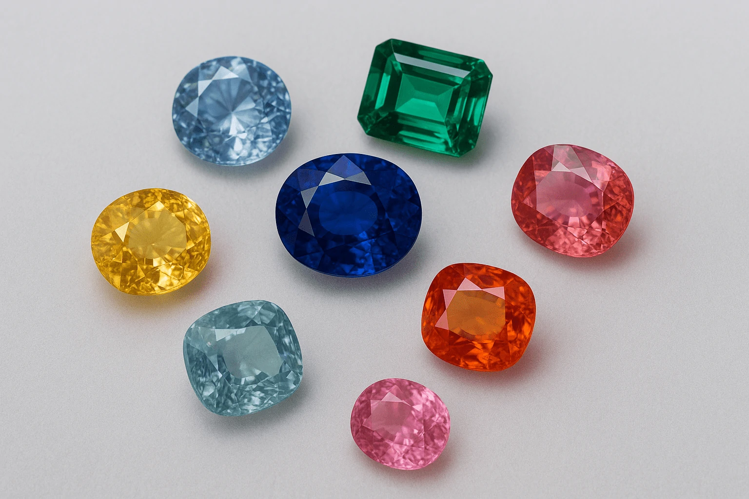 A collection of colorful Sri Lankan sapphires in blue, yellow, pink, orange, and green hues displayed on a neutral background — showcasing gemstone variety, quality, and the vibrant selection available when buying sapphires in Sri Lanka.