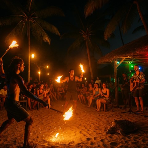 Fire dancers performing at a lively Hikkaduwa beach party with live music, glowing torches, and a cheering crowd under palm trees
