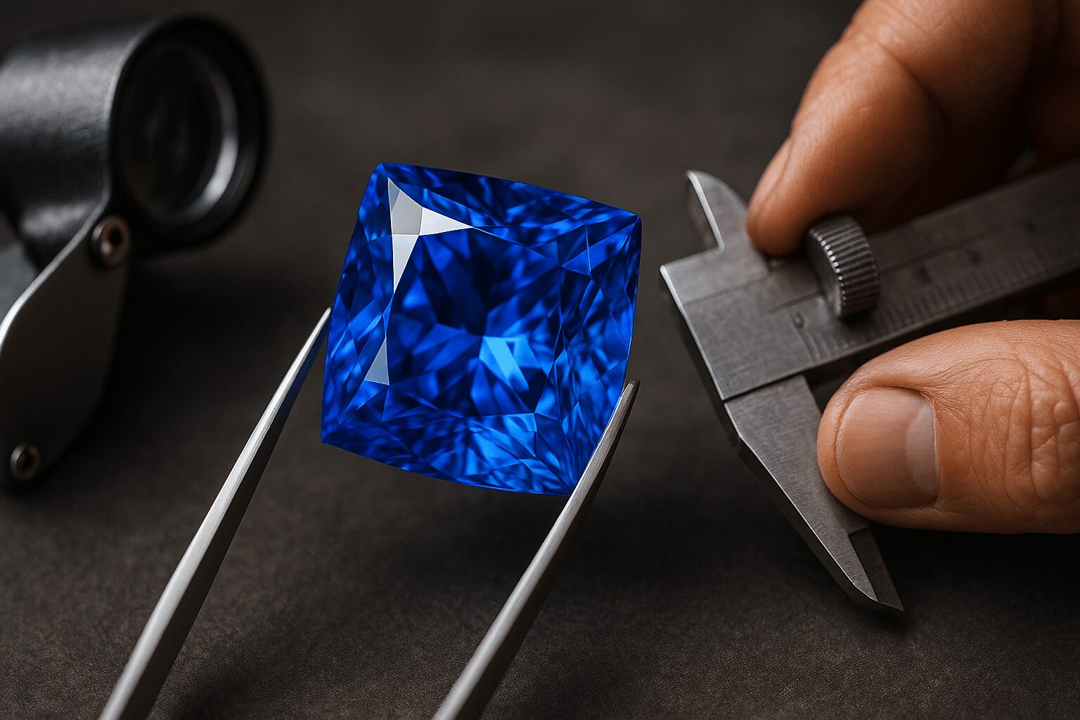 Sri Lankan gem cutter polishing a Ceylon blue sapphire by hand under warm light, highlighting expert craftsmanship and precision cutting techniques.