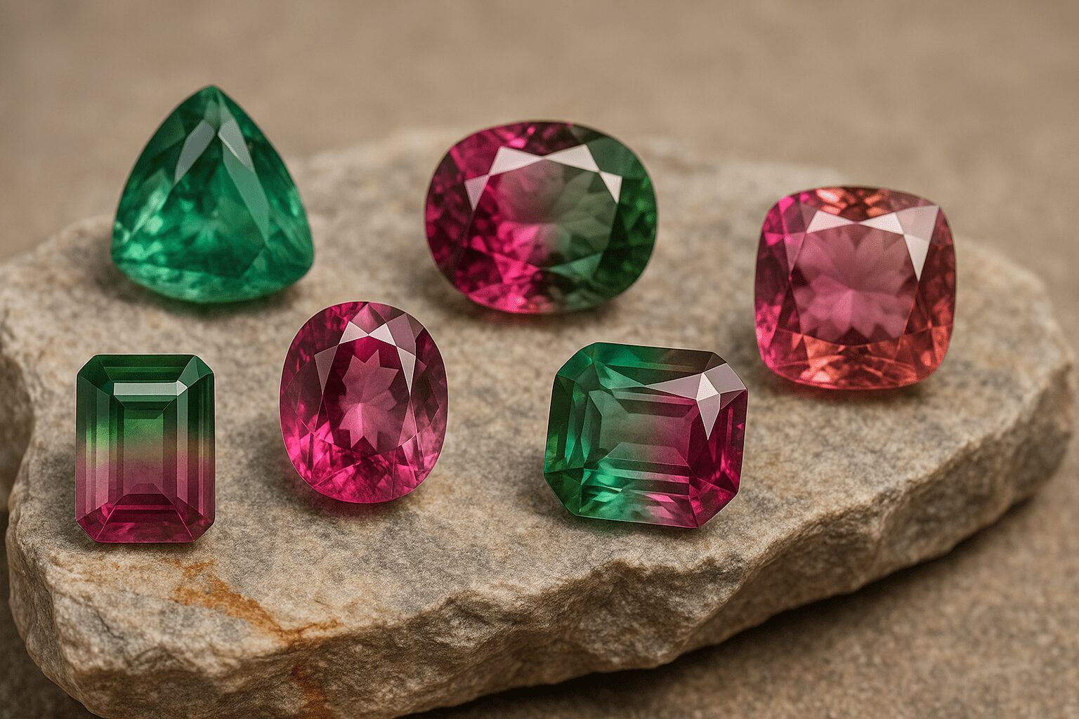 Bicolor and zoned Ceylon sapphires with distinct blue and green hues, demonstrating the natural diversity found in blue sapphire Sri Lanka gemstones.