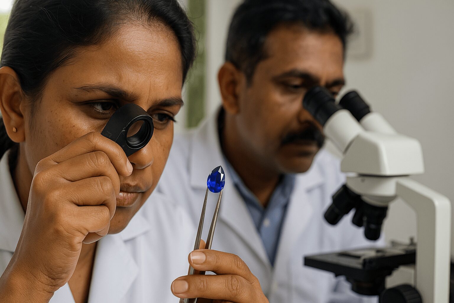 Gemologists verifying a blue sapphire Sri Lanka at the National Gem and Jewellery Authority laboratory for official certification and authenticity.
