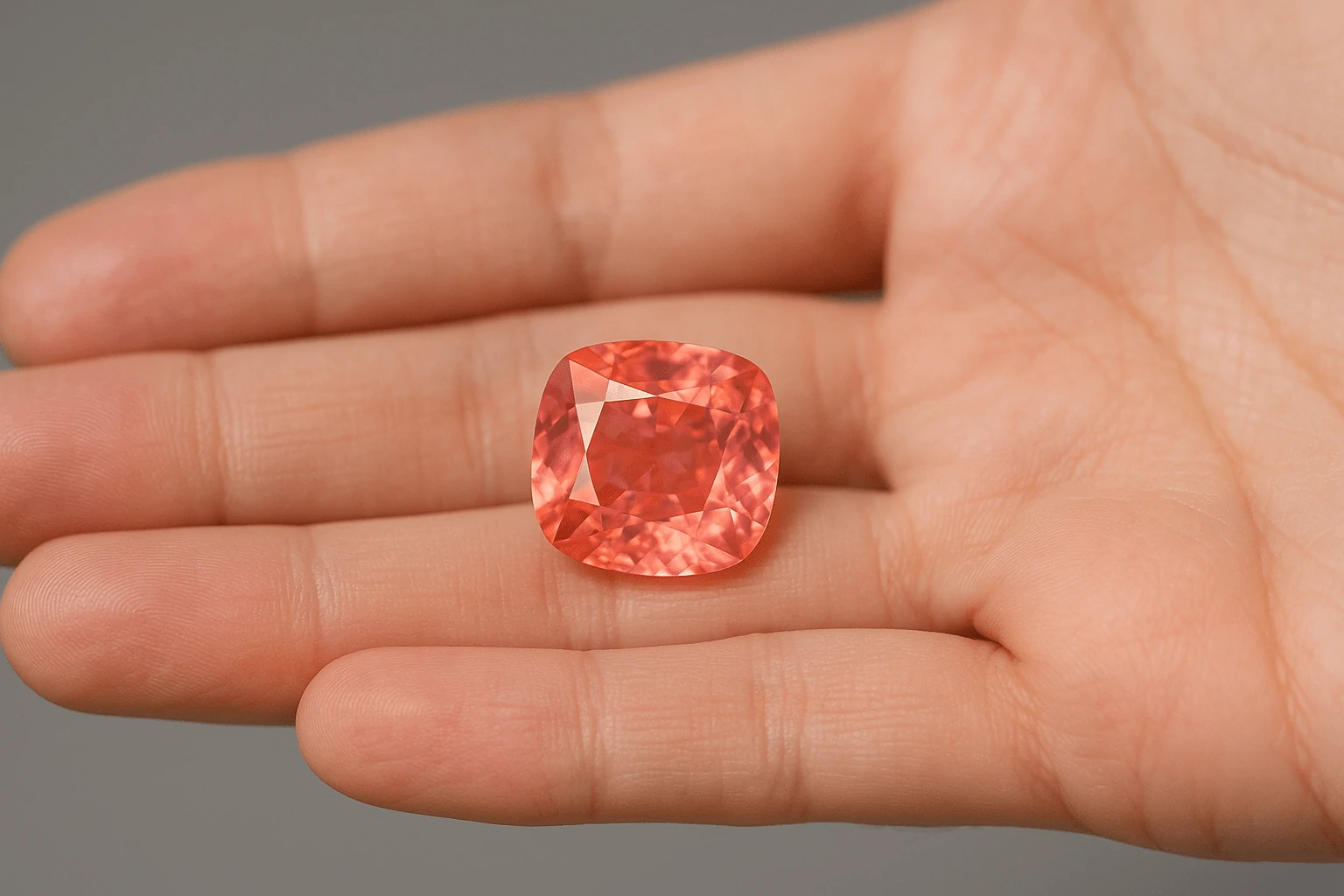 A high-resolution close-up photo of a padparadscha sapphire with vivid pink and orange hues resting on a person’s palm, captured under soft natural lighting.