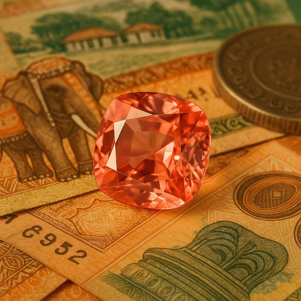 A vivid close-up of a loose padparadscha sapphire with rich pink-orange hues placed on Sri Lankan currency notes and a coin, symbolizing gemstone value and trade in Sri Lanka.