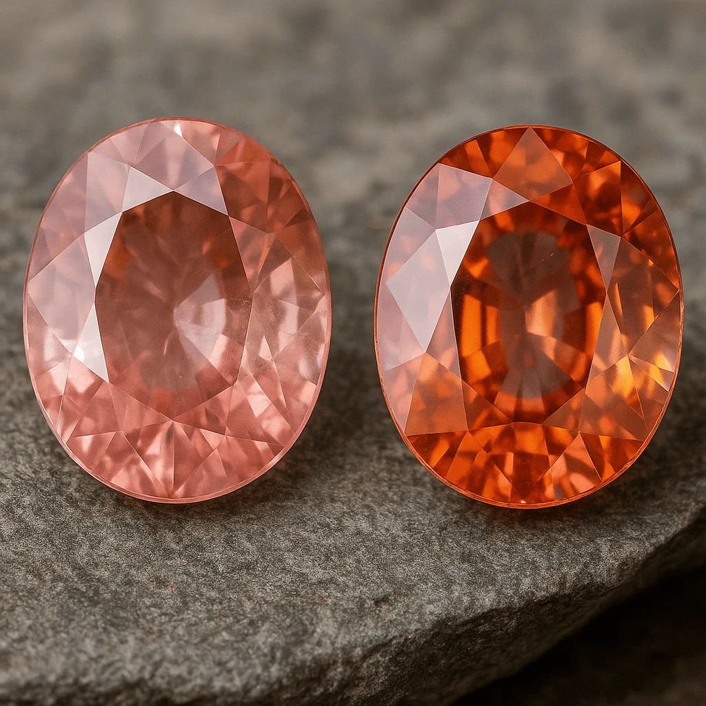 Two oval-cut Padparadscha sapphires side by side on a textured gray stone background — the left showing natural inclusions and soft pink-orange tones, the right displaying a vivid, cleaner hue representing a treated gem.