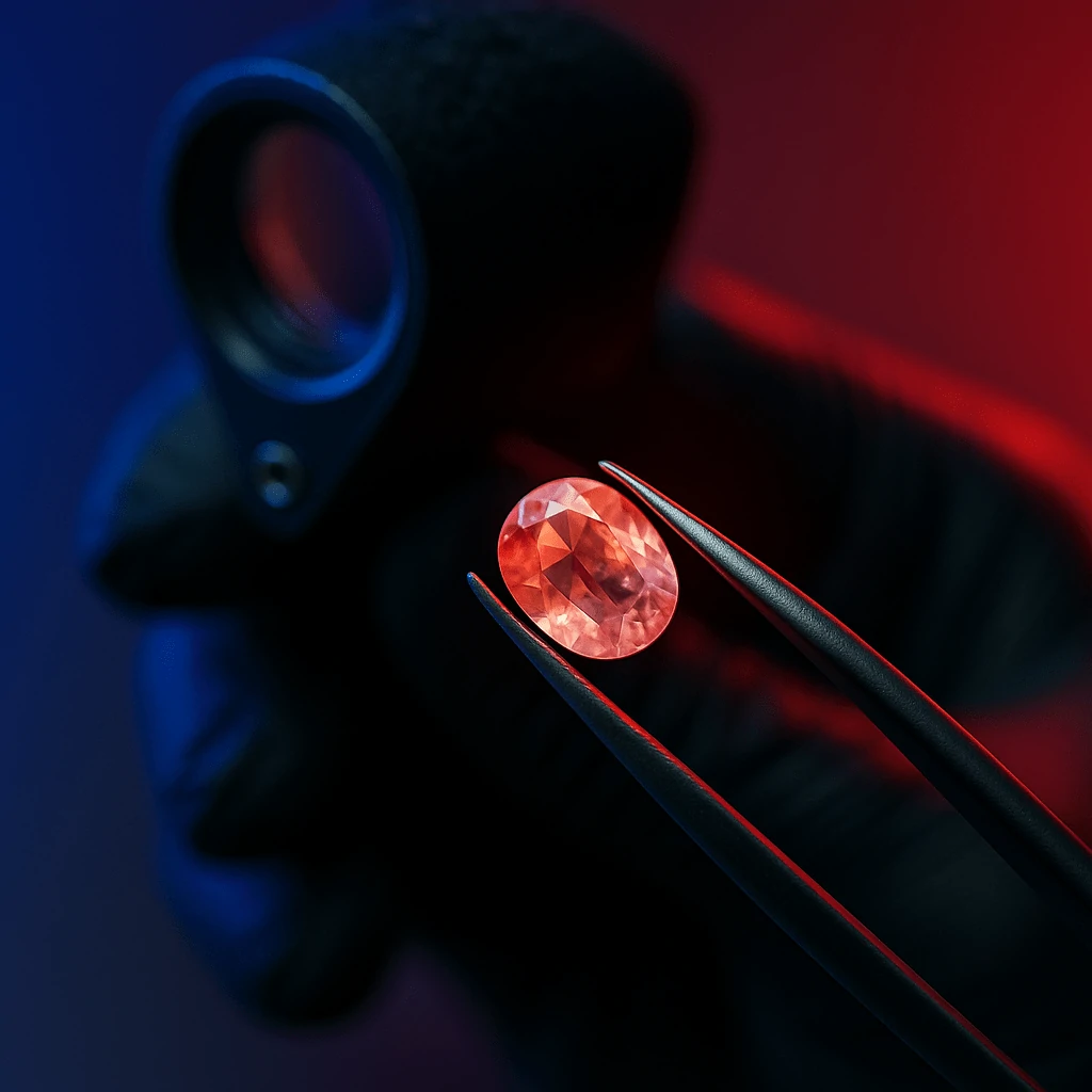 A close-up of a padparadscha sapphire held by tweezers under dual lighting—warm red on one side and cool blue on the other—demonstrating gemstone color variation testing.