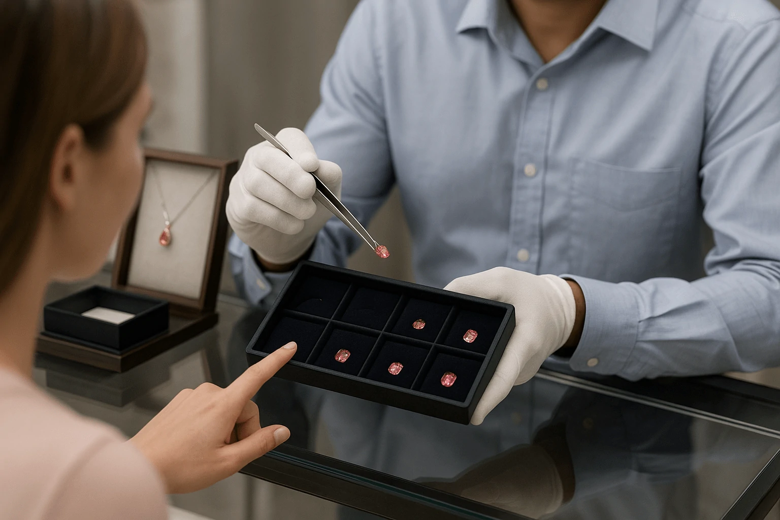 A jeweler presenting Padparadscha sapphires to a customer, holding one gemstone with tweezers while the buyer points at a tray of gems on a glass counter under soft lighting.