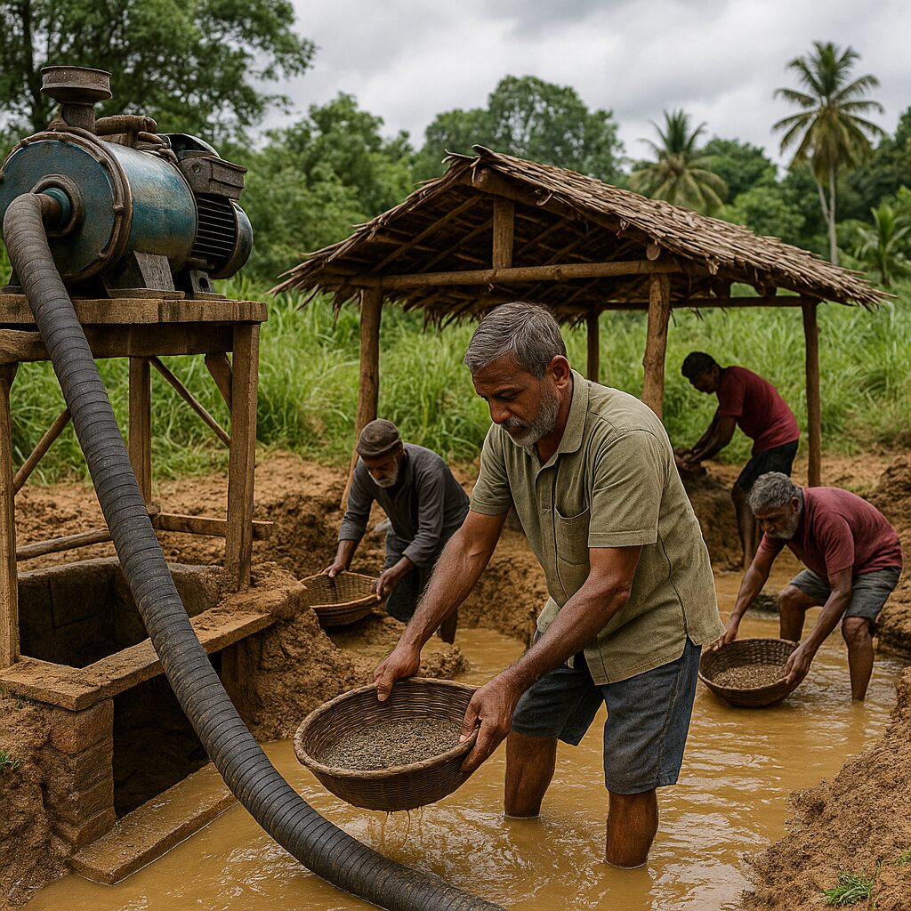 modern Sri Lanka sapphire mining site with miners using water pumps and sustainable equipment surrounded by green hills — ethical Ceylon sapphire mining
