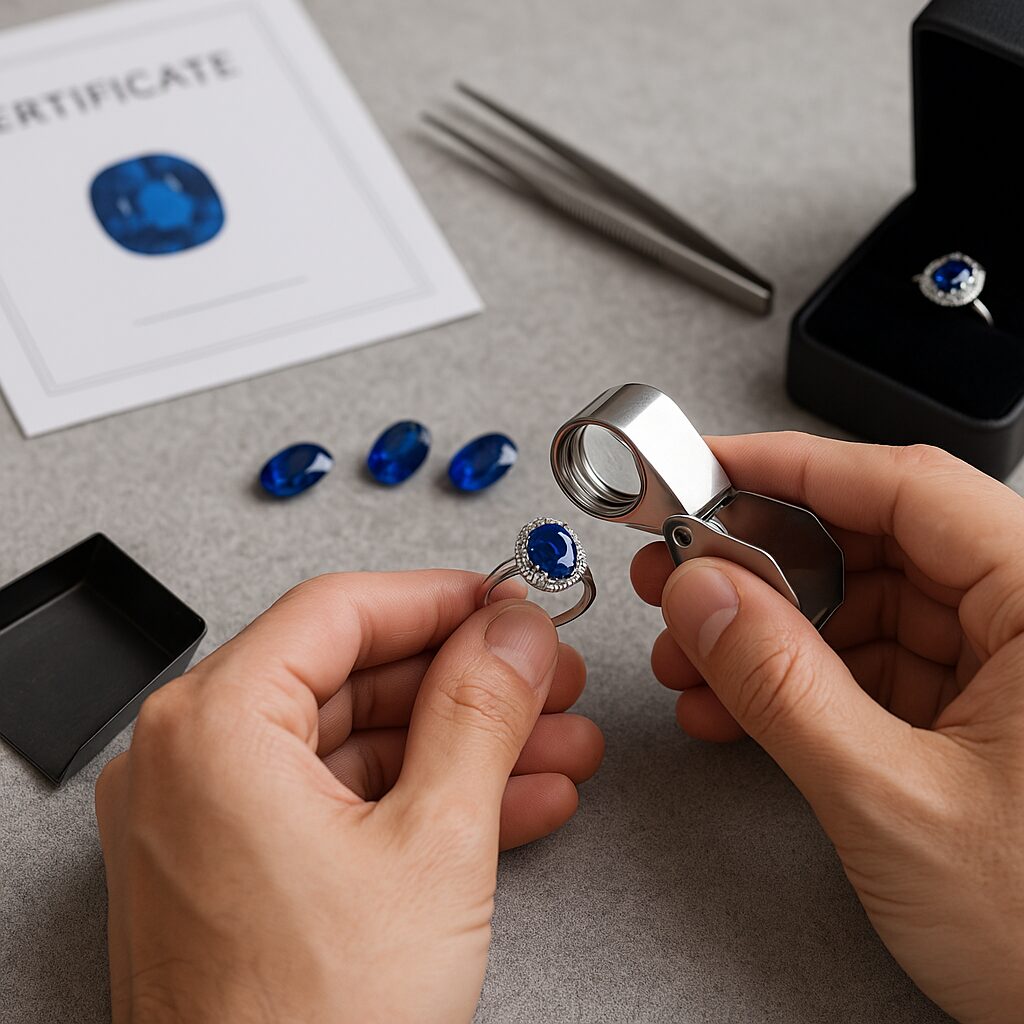 Gem expert examining blue Ceylon sapphire ring with magnifying loupe beside certificate and tools — authentic Sri Lankan sapphire jewellery buying and verification guide.