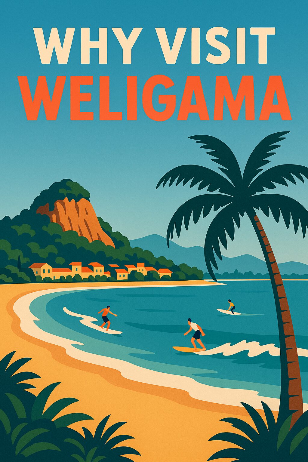 Surfers enjoying waves at Weligama Beach Sri Lanka with tropical coastline — Weligama travel guide and top reasons to visit.