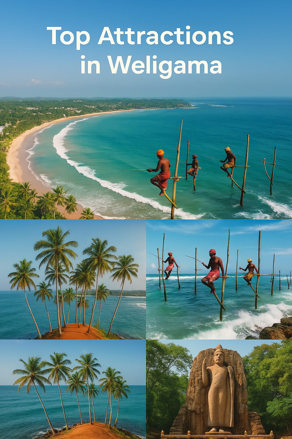 Aerial view of Weligama Beach Sri Lanka with stilt fishermen, palm trees, and Kushtarajagala statue — top attractions in Weligama travel guide.