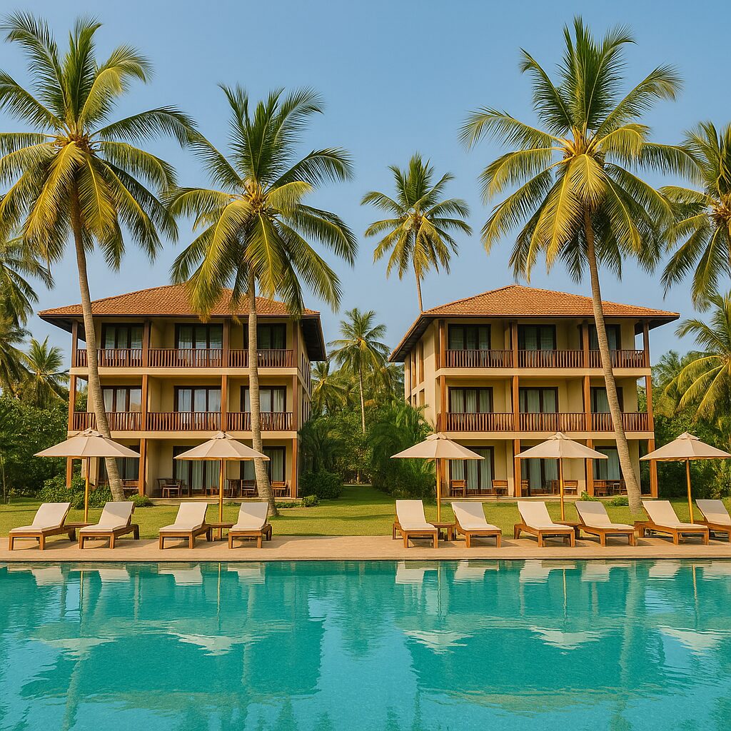 Beachfront resort with palm trees and pool in Weligama Sri Lanka — best places to stay from Weligama travel guide.