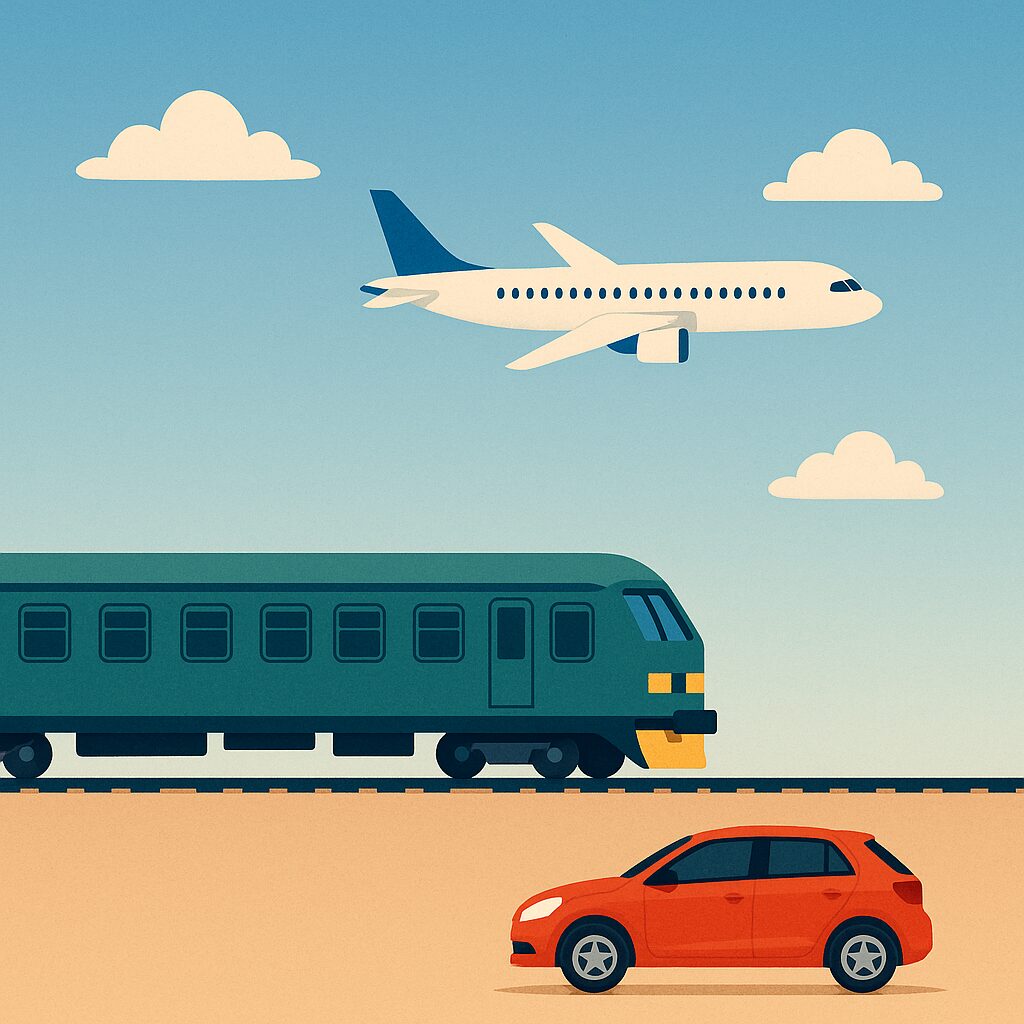 Illustration of train, car, and airplane symbolizing travel routes to Weligama Sri Lanka — how to reach Weligama travel guide.