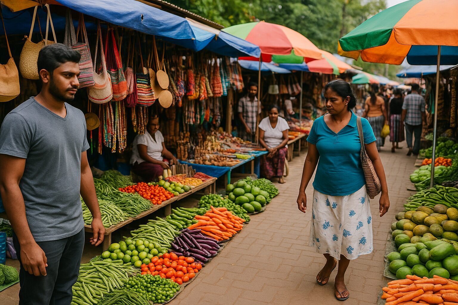 Colorful local market in Weligama Sri Lanka with fresh vegetables and handmade crafts — authentic shopping experience in Weligama travel guide.