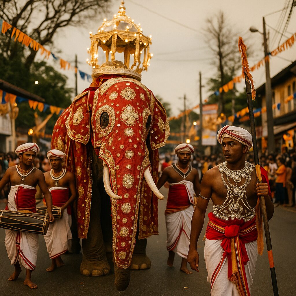 Traditional Sri Lankan perahera parade in Weligama with dancers and decorated elephant — cultural festival highlights in Weligama travel guide.
